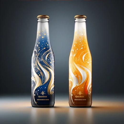啤酒瓶包装设计：蓝色与琥珀色流动图案，透明美观灯光——1:1真实风格，5.2版本