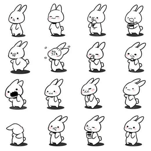 簡(jiǎn)約卡通涂鴉：黑線小兔的多樣表情與姿勢(shì)