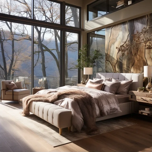 宽敞优雅主卧室：大窗俯瞰美景，油画展现自然之美