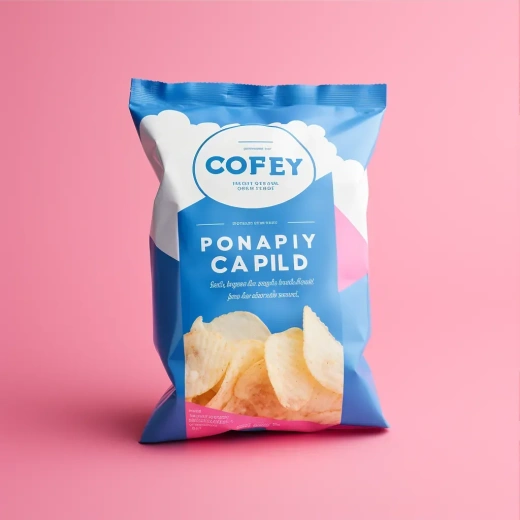 新乡村纯朴风格薯片包装，白色包装袋，粉蓝背景，1:1比例，原始风格，V5.2。