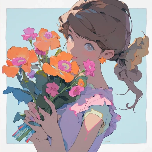 女孩上半身持花束的艺术线条矢量插画，使用Adobe Illustrator创作，1:1比例，表现力风格，Niji 5，s 750。