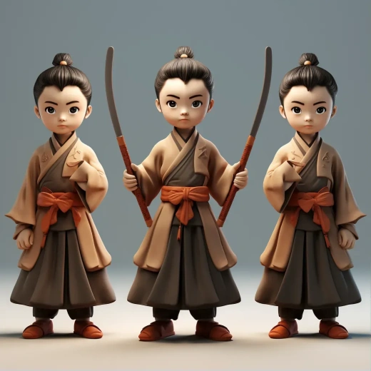 中國古代風(fēng)格IP形象設(shè)計：武術(shù)家族的少年，手持武器，豐富細節(jié)與簡潔背景相結(jié)合，C4D與Blender打造3D模型與卡通風(fēng)格，展現(xiàn)唐代服飾之美