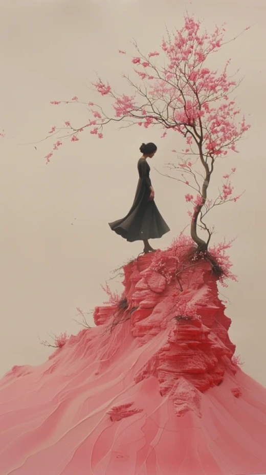 粉色中國(guó)風(fēng)畫作-浪漫櫻花下的女子 - 第3879期