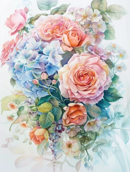 水彩玫瑰花束繪畫集合-浪漫粉色玫瑰花束的藝術作品 - 第1329期