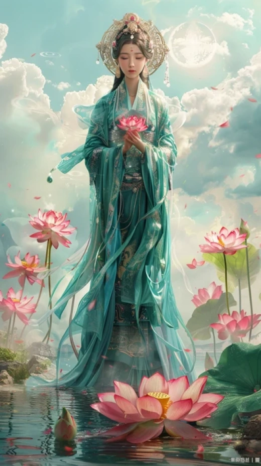 神秘的藍(lán)曼珠紗花與唐代美女沐浴在光影中的畫作 - 第7819期