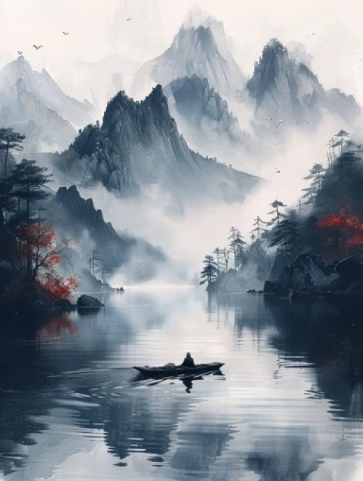 中國風(fēng)山水畫集-金色船只與山水風(fēng)景插圖 - 第5869期