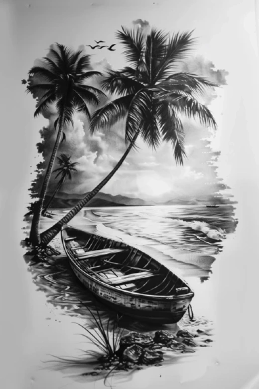 沙灘背景黑白棕櫚樹插圖 - 第1374期