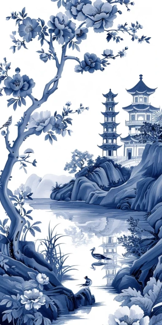 中國風水墨畫風圖片集合-粉色梅花與船只 - 第5631期