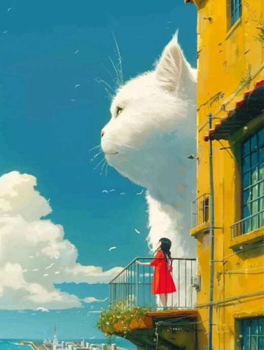 夢幻卡通世界-吉卜力風格胖貓與少女互動 - 第2907期