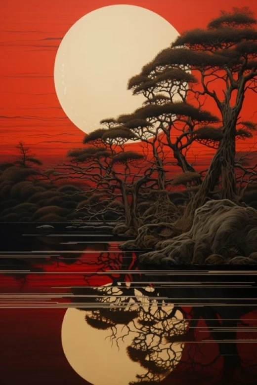 日式藝術作品集-黑紅色主題，融合富士山、櫻花、鳥居和武士元素 - 第0516期
