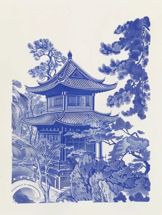 中國風繡花河景圖-白藍色調(diào)，中國傳統(tǒng)刺繡工藝展現(xiàn) - 第7208期