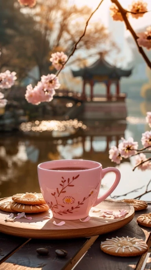 傳統中國茶文化場景圖片集合-紅色蓋碗搭配紅梅花和黃燈籠 - 第5781期