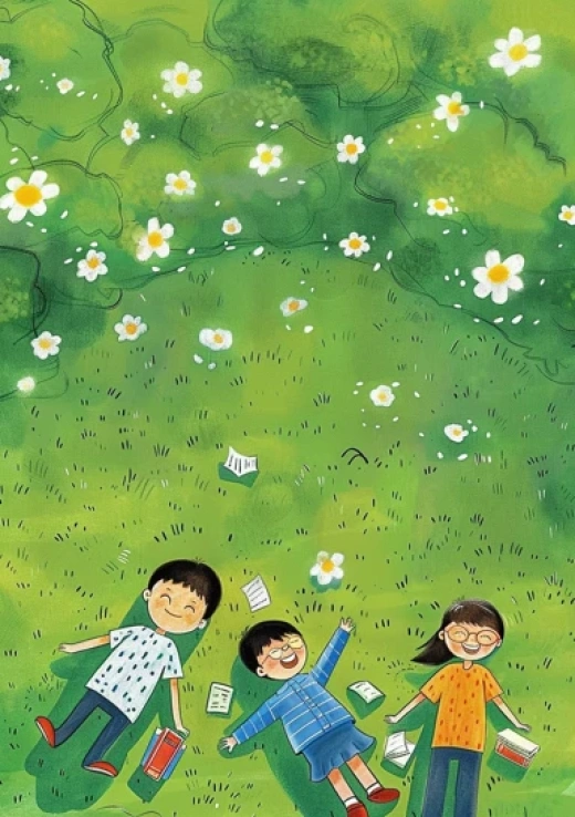 兒童創(chuàng)意場景插圖集合-陽光下的綠草地與三個(gè)歡樂的孩子 - 第1427期