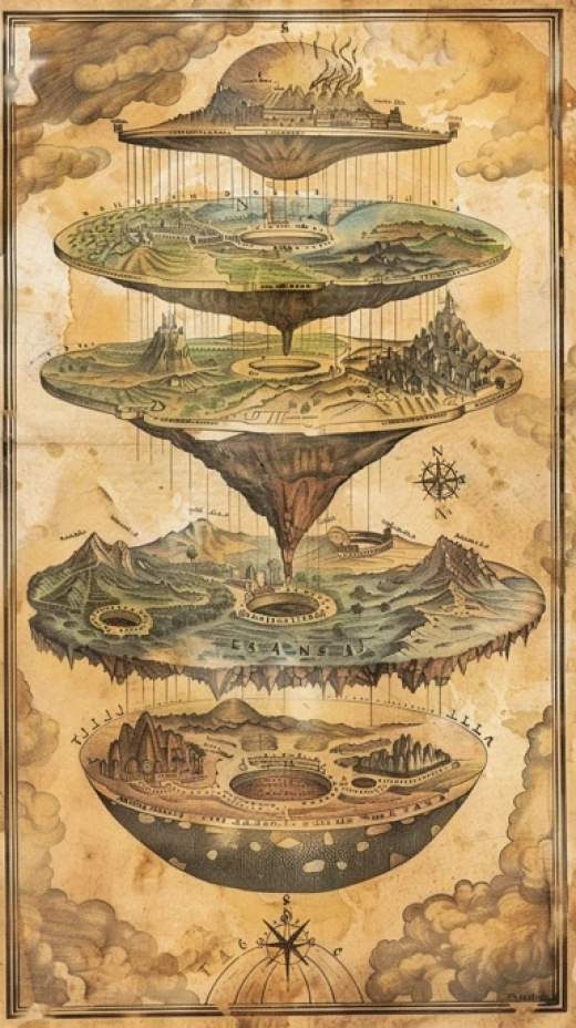 神秘幻想地圖插圖集合-包含古代符號、星座圖案和城堡景觀 - 第6912期