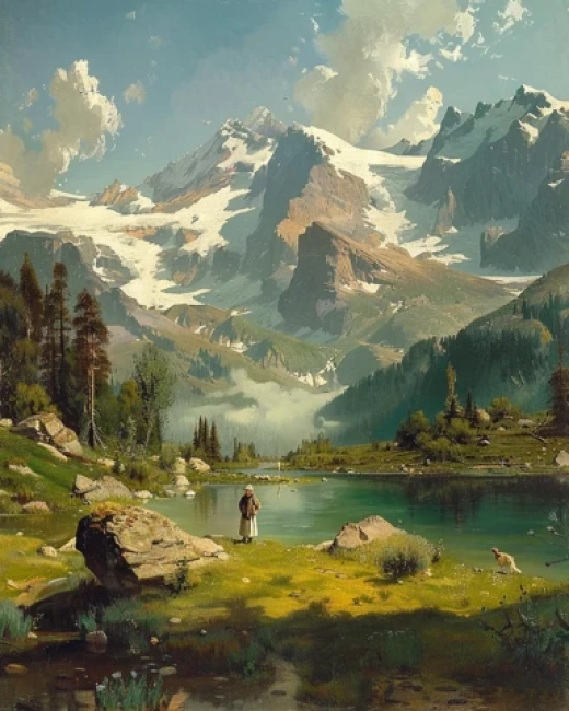 阿爾卑斯山風景油畫集合-奧古斯特·威廉姆·勒烏風格的浪漫化阿爾卑斯山景觀 - 第1208期