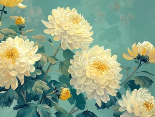 花卉藝術畫集-描繪清新細膩的芍藥、菊花和樹枝油畫 - 第5241期