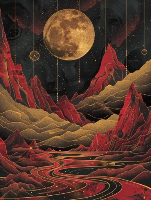 神秘山林夜景-紅日夜空下的山林與月光 - 第8263期