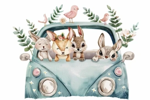 童趣動物水彩插畫集合-包含可愛小動物和卡通車輛形象 - 第8546期