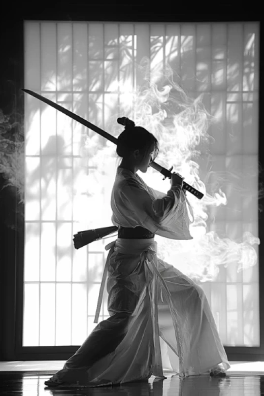 武士刀與合氣道文化-超寫實刀劍與極簡合氣道風格畫作 - 第0452期