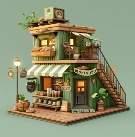 迷你綠色咖啡店與3D寵物店插圖合集 - 第2480期