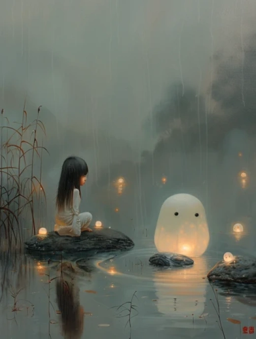夢幻森林之夜-雨中漫步的少年與森林生靈的奇幻邂逅 - 第7395期