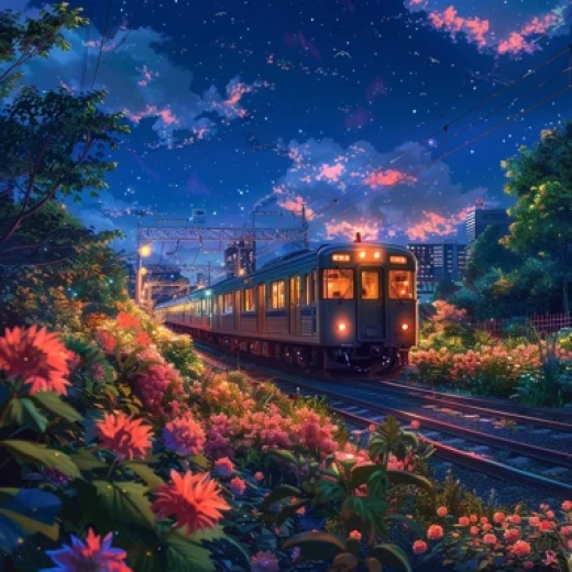 動漫火車夜景圖片集合-夜幕中的火車、美麗的小鎮與花園 - 第7895期