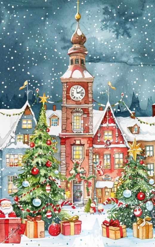 冬日节日插画系列-欢乐雪人、圣诞树和温馨城堡 - 第0748期